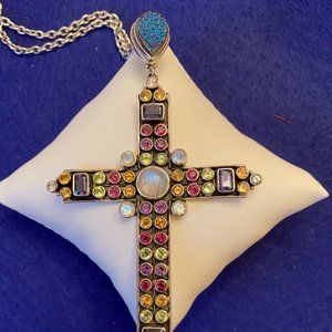 Vintage Nicky Butler Moonstone & Multigem SS Cross, 4" & 22" SS Chain